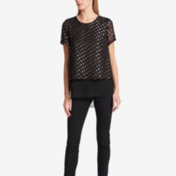 DKNY Layered-Look Metallic Top Black Gold polkadot - Picture 3 of 5